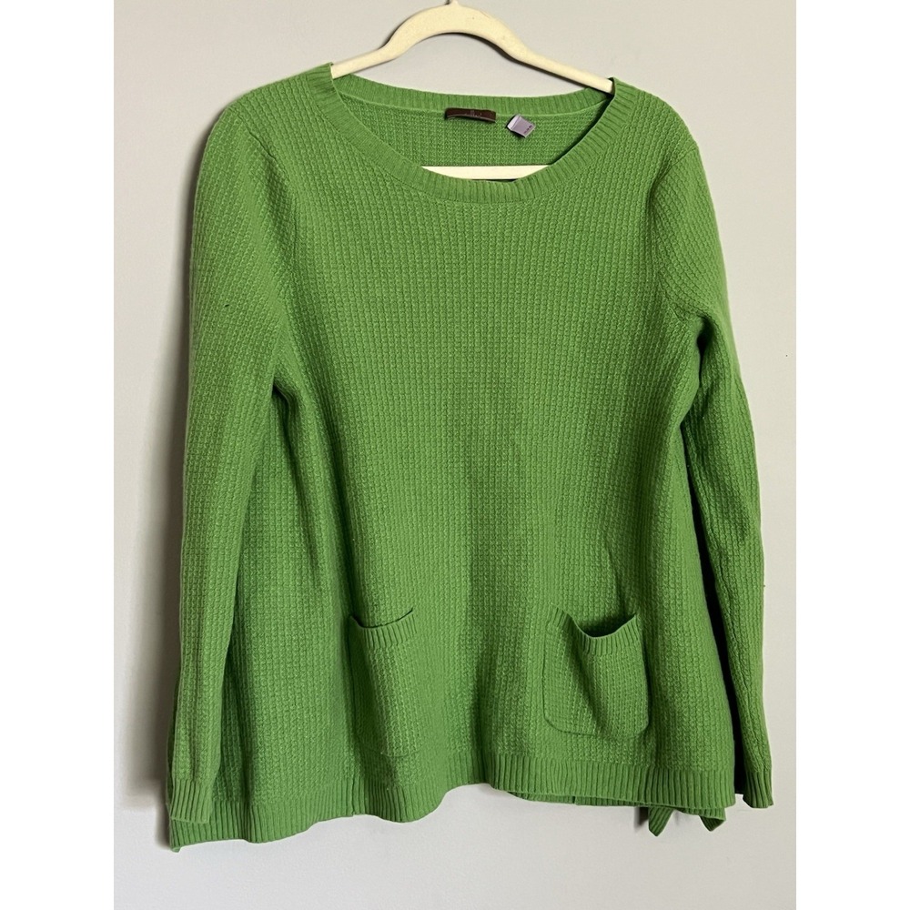 100% Cashmere Vibrant Green Waffle Knit Crew Neck Pullover Sweater Large Cottage